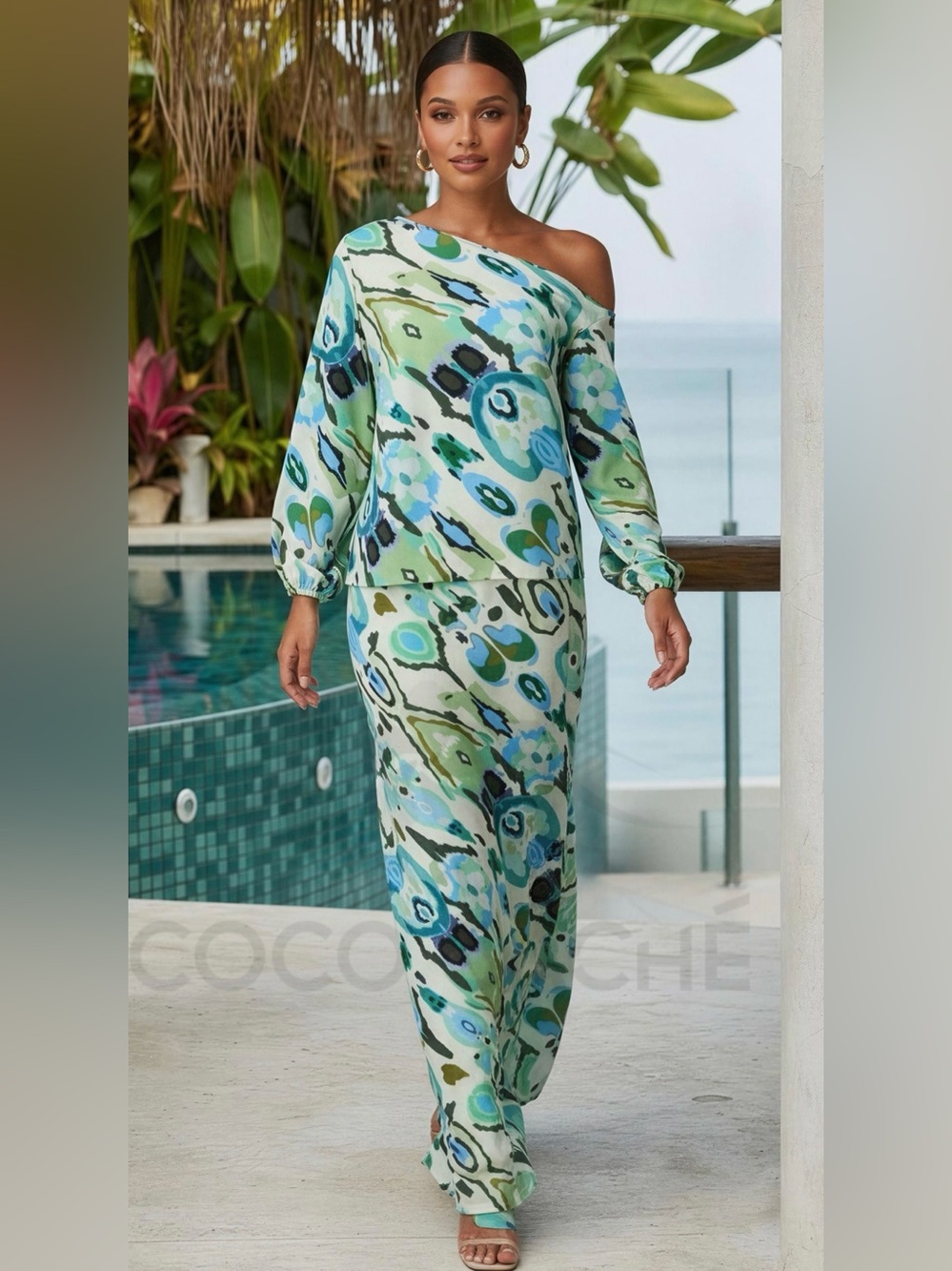 Two Piece Set Green Hydrangea Elegant Bohemian Off Shoulder Skirt & Top. - Picture 4 of 7